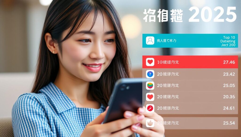 2025年最新マッチングサイトランキングTOP10の一覧表示とスマートフォンを操作する女性