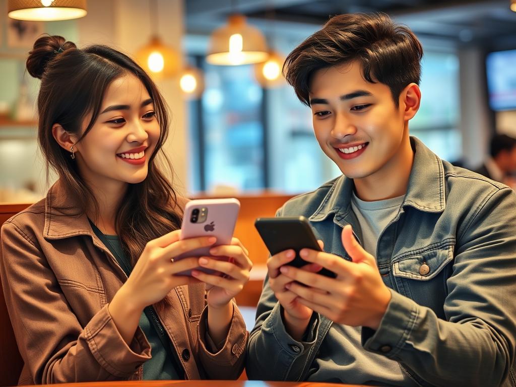 20代の若い男女がスマートフォンでマッチングアプリを使用している様子