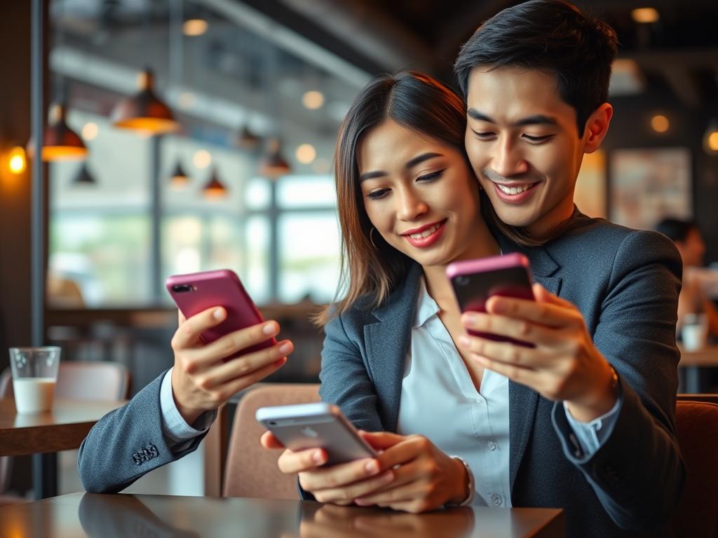 30代の男女がスマートフォンでマッチングアプリを真剣に利用している様子