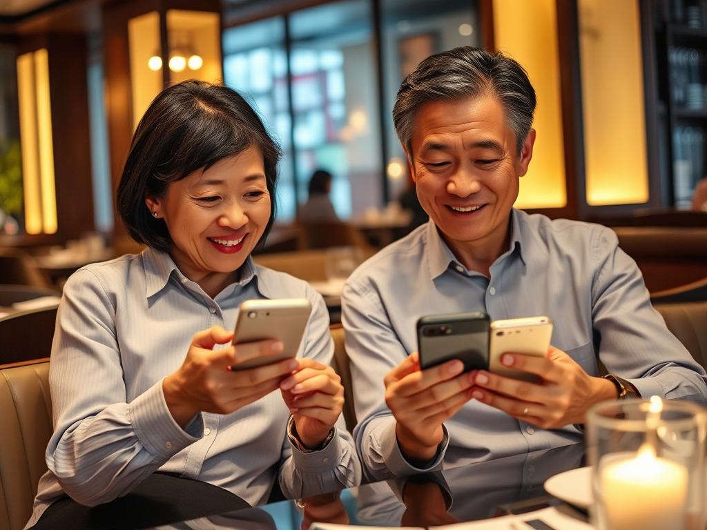 40代以上の男女がスマートフォンでマッチングアプリを落ち着いた雰囲気で利用している様子