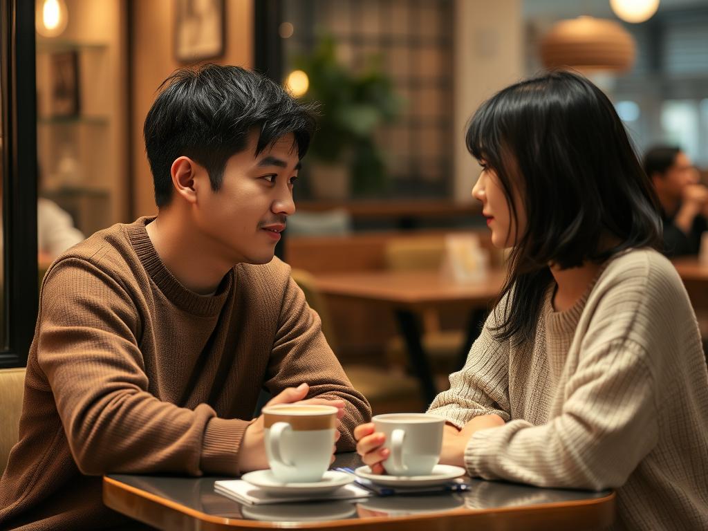 カフェでくつろぐカップル、将来について話し合っている様子