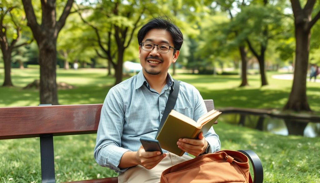 スマホを置いて自然の中でリラックスする婚活 つかれた男性