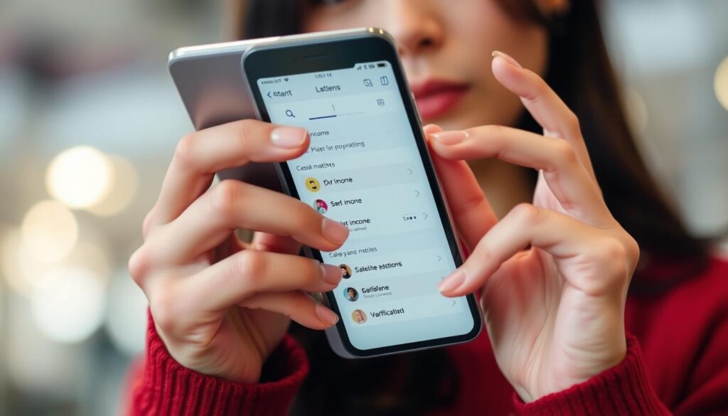 スマートフォンでマッチングアプリのフィルタリングをする女性