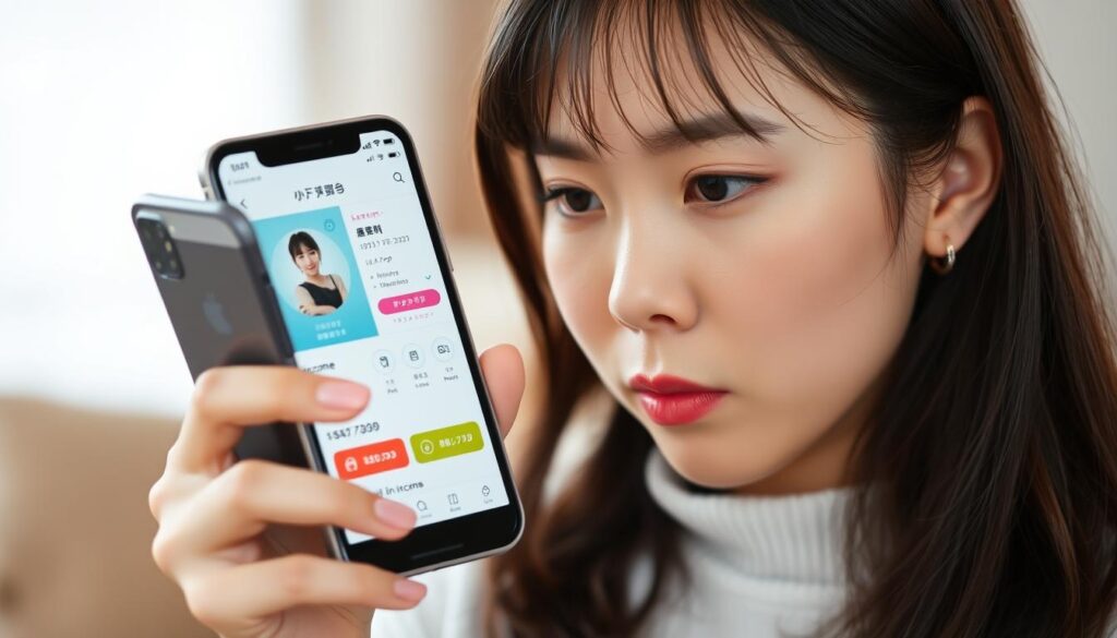 スマートフォンでマッチングアプリのプロフィールをチェックする女性