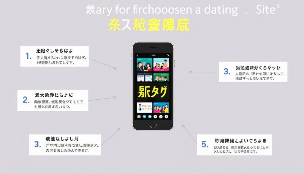 マッチングサイト選びの5つのポイントを示した図解とスマートフォン