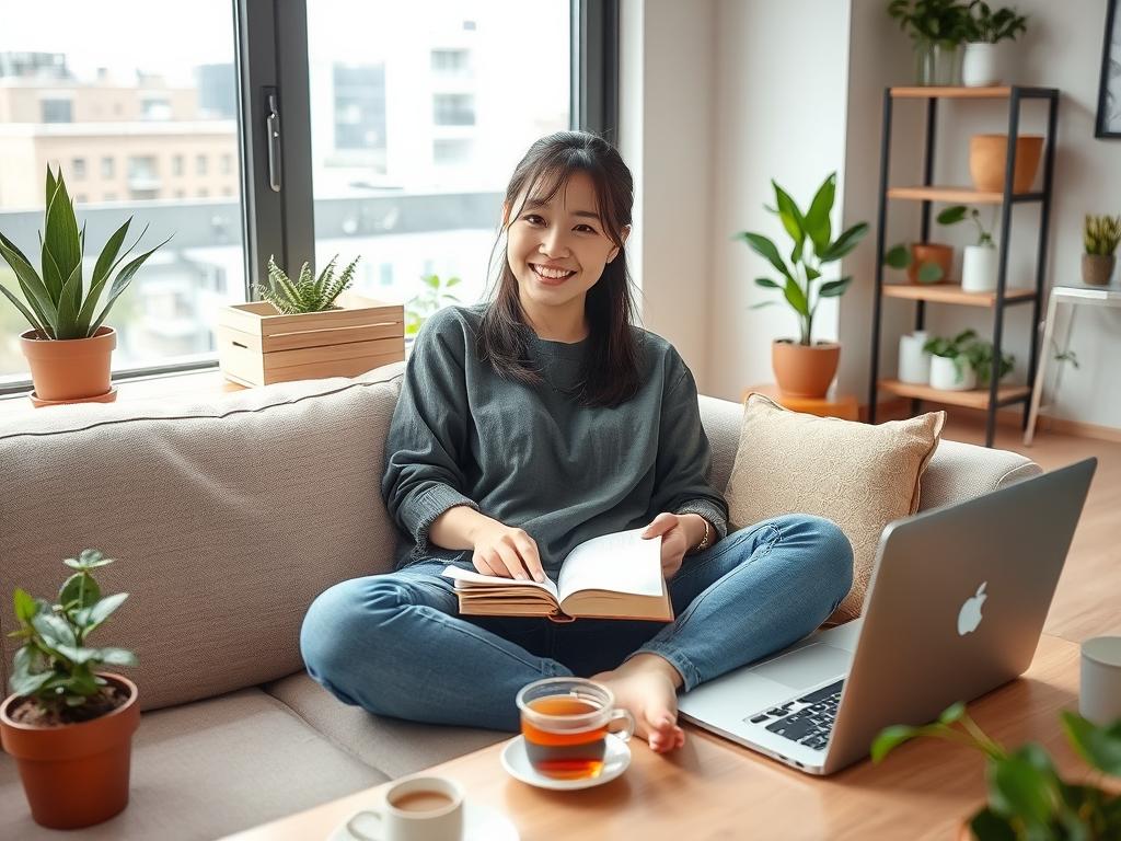 一人暮らしを楽しむ若い女性の様子、自由な生活を送っている