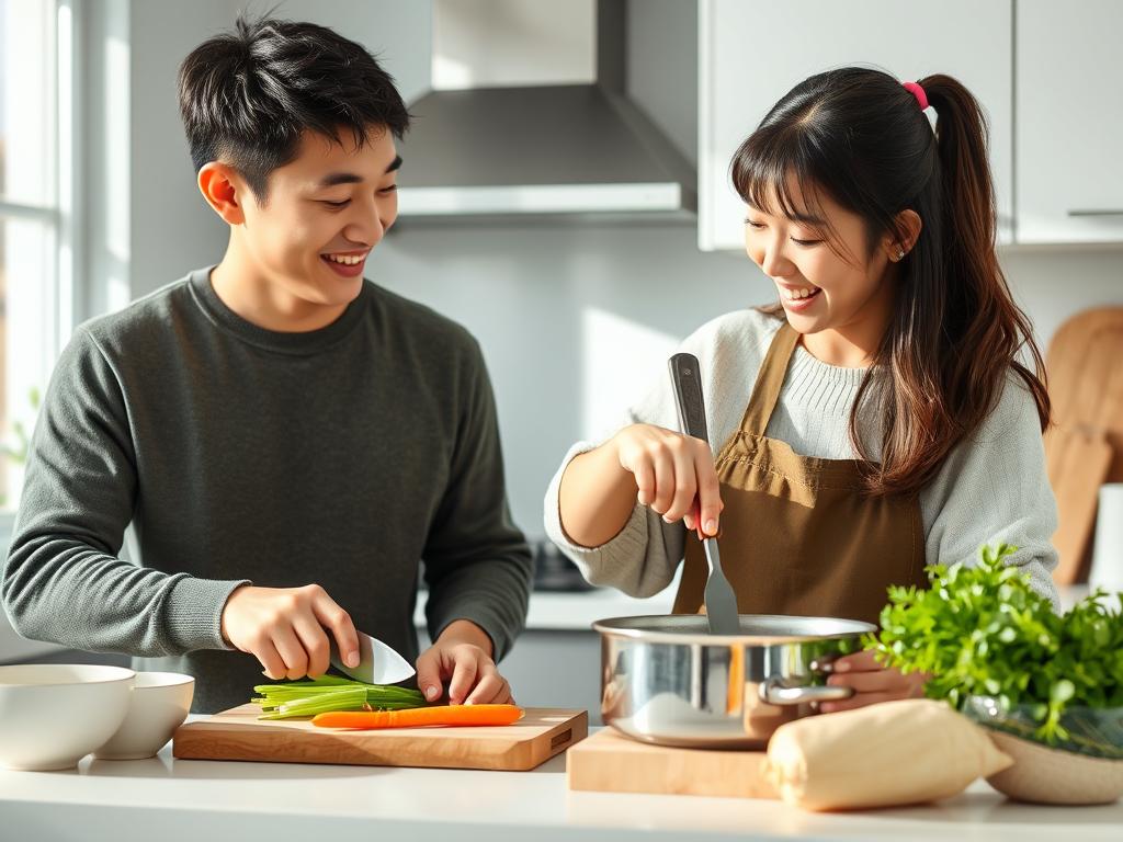 一緒に料理をする夫婦、協力して家事をこなす様子