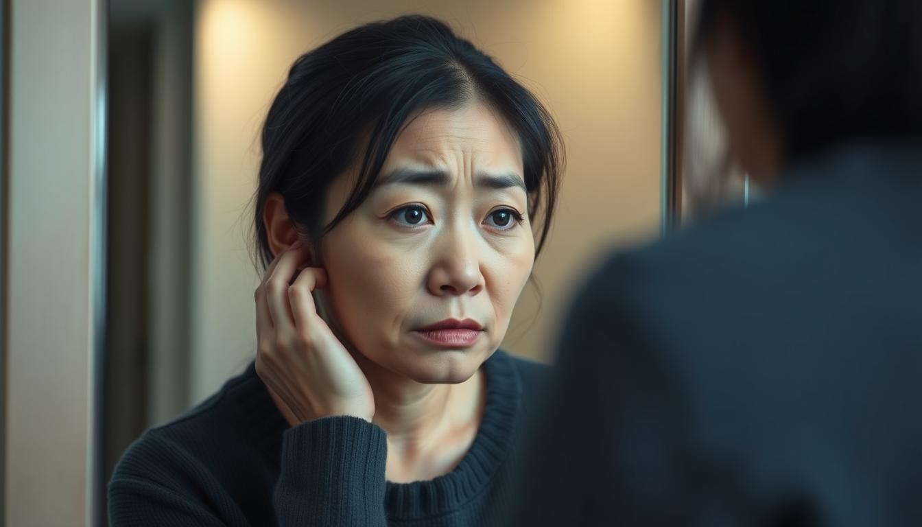 婚活 つかれたと感じる女性が鏡を見て疲れた表情をしている様子