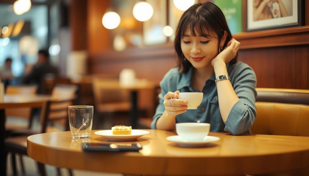 婚活 つかれた女性がカフェでリラックスしている様子