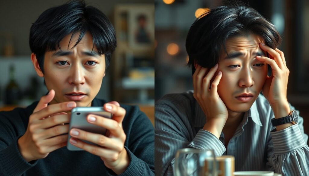 婚活で悩む男女の姿、焦りから判断を誤る様子を表現 婚活で悩む男女の姿、焦りから判断を誤る様子を表現