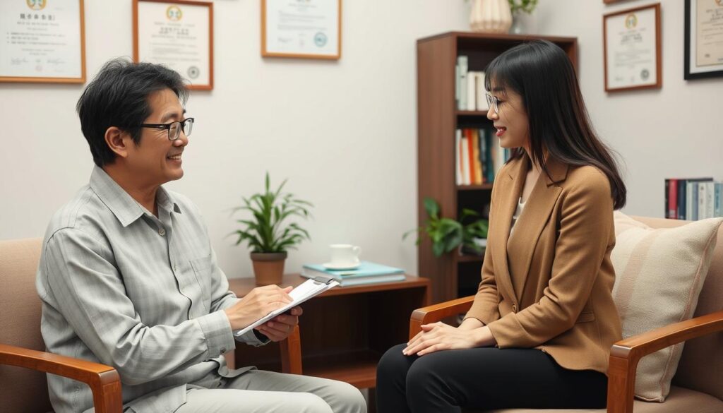 婚活に関する質問に答えるカウンセラーと相談者 婚活に関する質問に答えるカウンセラーと相談者