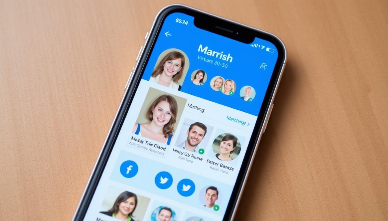 婚活アプリ マリッシュのトップ画面と特徴を表示したスマートフォン