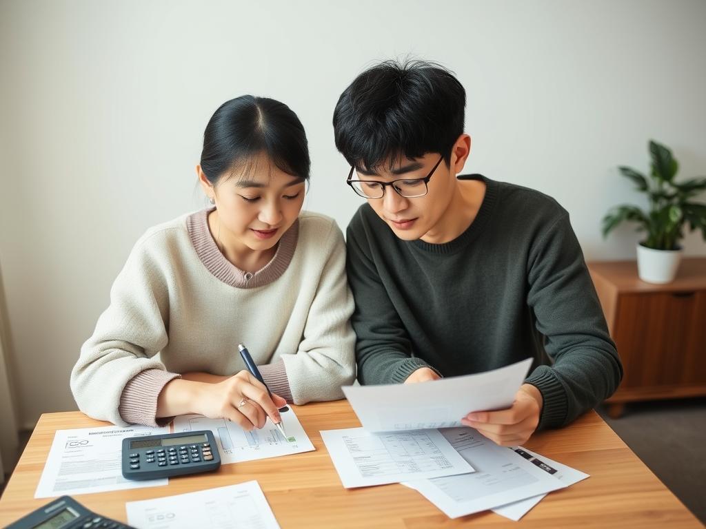 家計について話し合う夫婦、経済的な計画を立てている様子