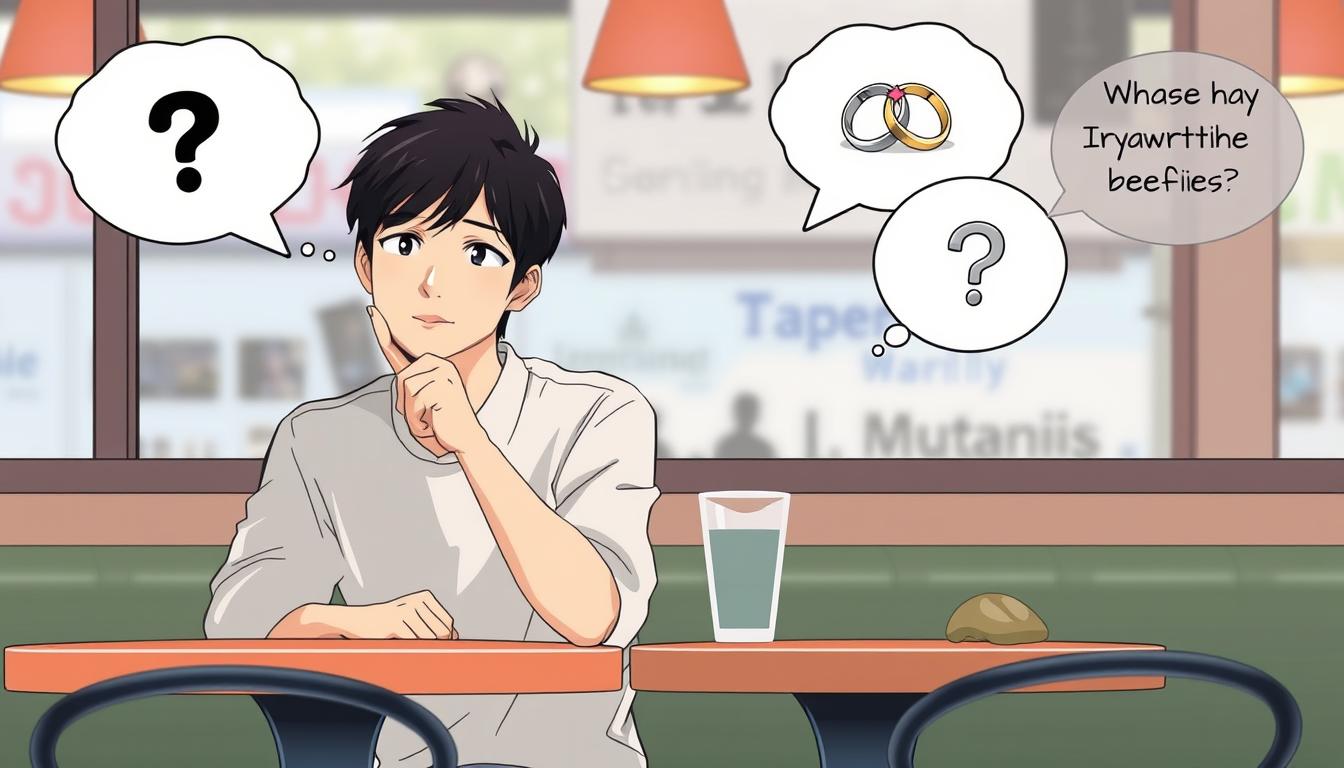 悩む男女のイラスト、結婚するメリットが分からないと考えている様子