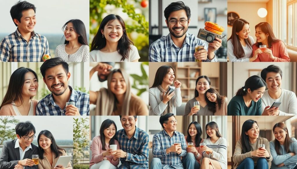 様々な形の幸せを象徴する多様なカップルや個人の姿