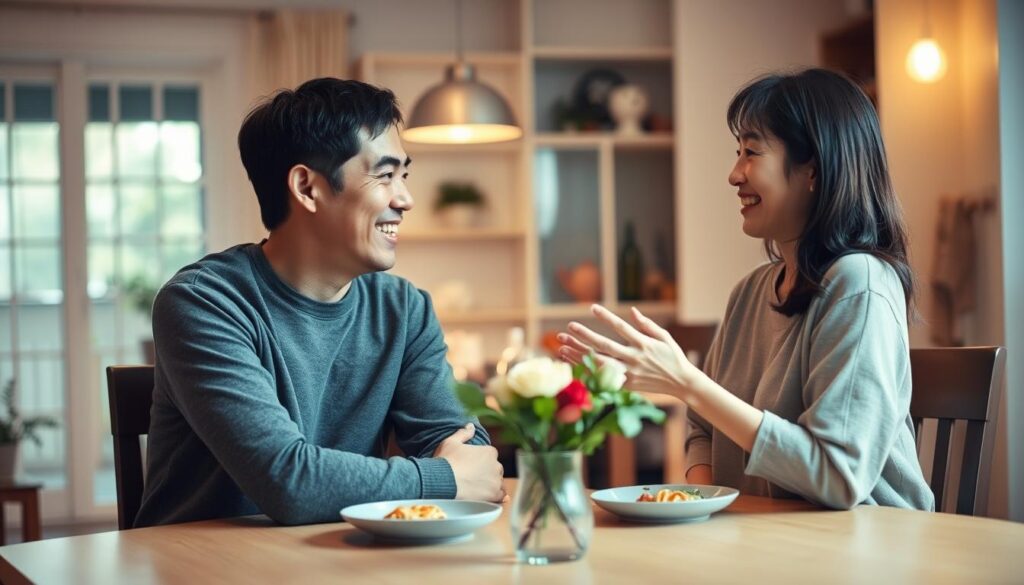 笑顔で会話する夫婦、お互いを支え合う様子