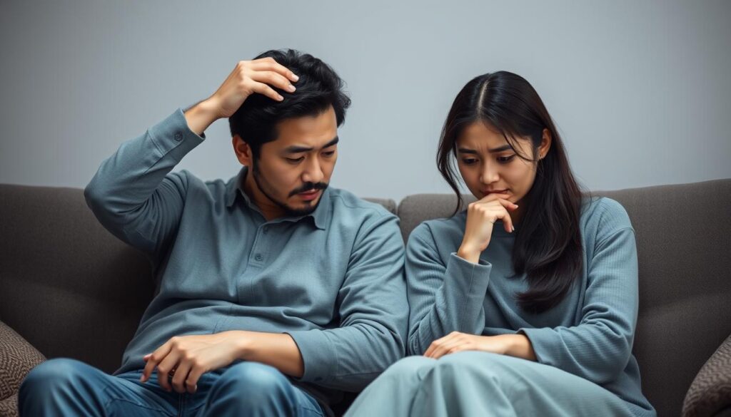 考え込む表情の男女、結婚に対する不安や悩みを抱えている様子