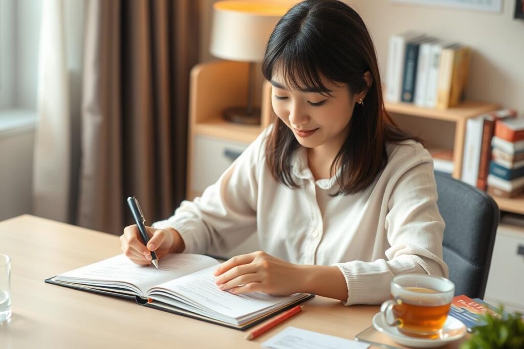 自己分析をしている女性の姿、ノートに理想のパートナー像を書き出している 自己分析をしている女性の姿、ノートに理想のパートナー像を書き出している