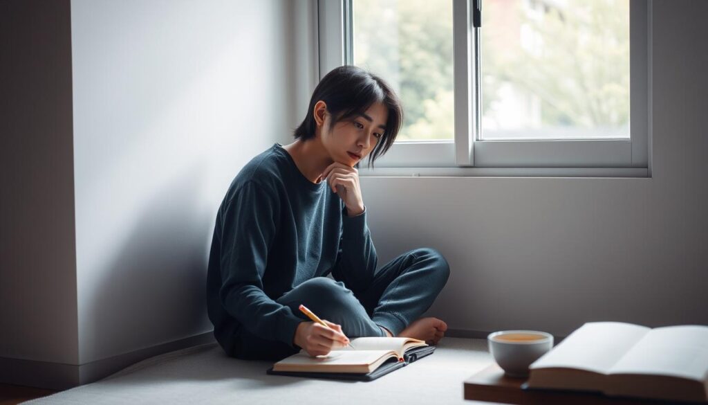 静かに考え事をする人、自分の価値観と向き合っている様子