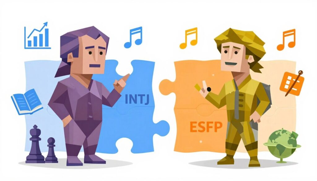 INTJとESFPが補完し合う関係性のイメージ INTJとESFPが補完し合う関係性のイメージ
