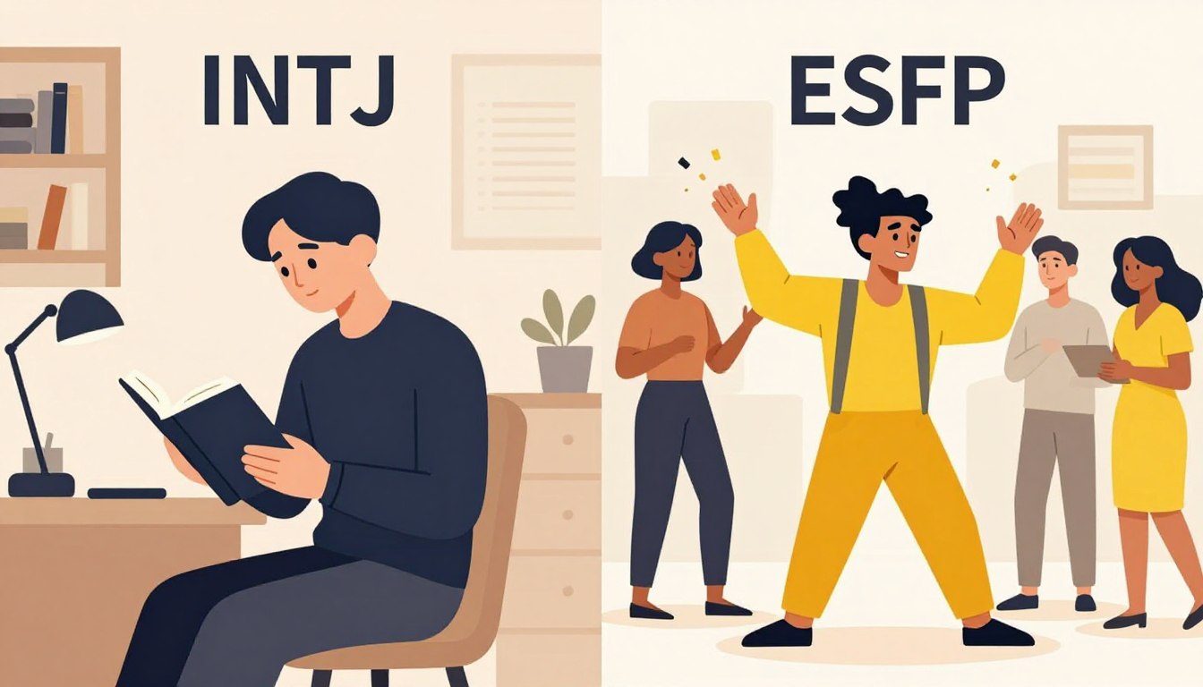 INTJとESFPの対照的な性格を表現するイラスト