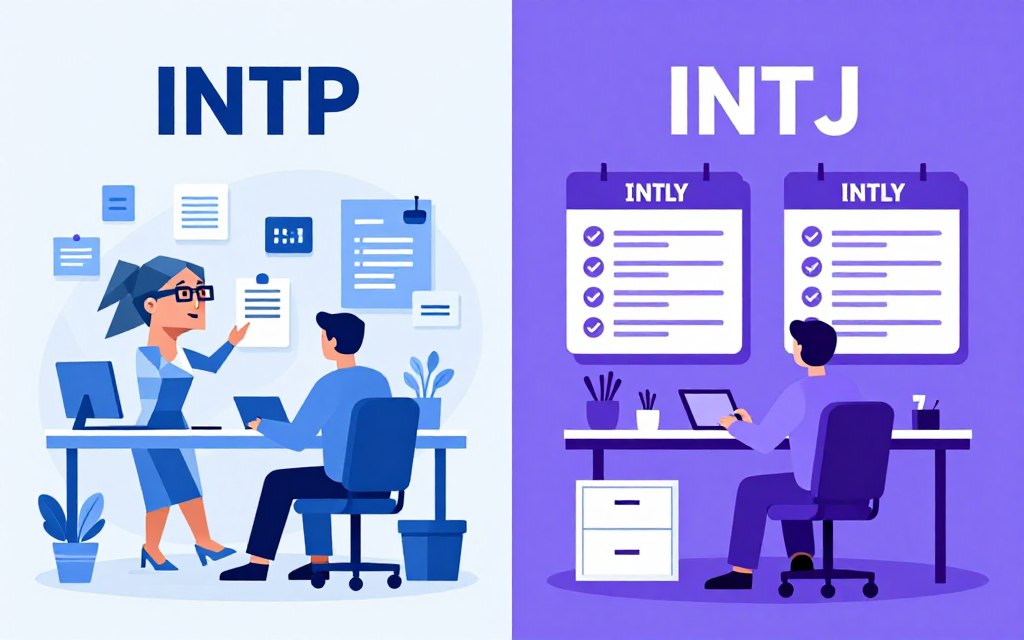 INTPとINTJの仕事スタイルとライフスタイルの違いを示すイメージ