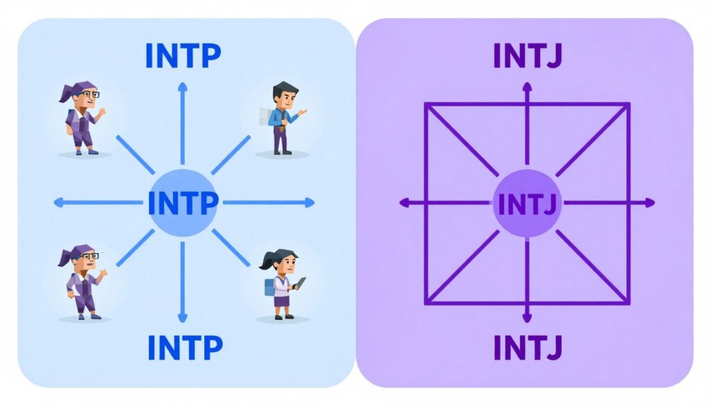 INTPとINTJの思考プロセスの違いを示す比較図