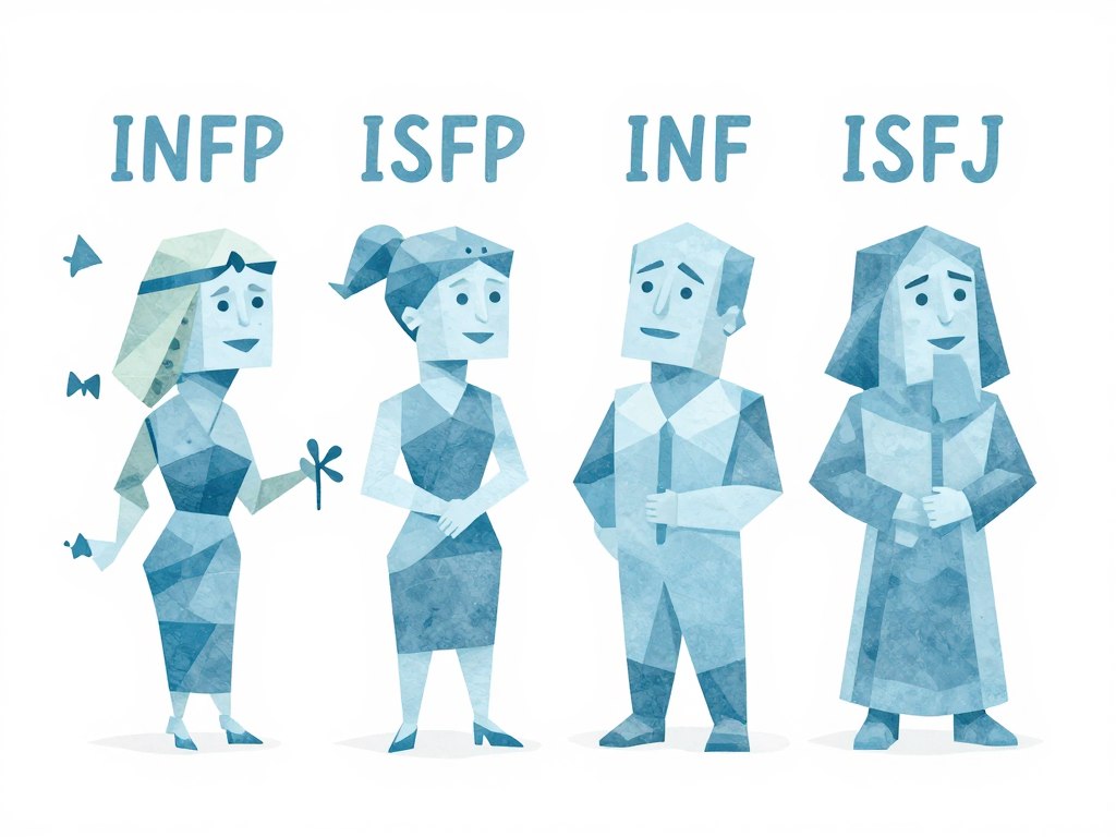 MBTI 水色タイプの4つの性格タイプを表現した穏やかで調和的な雰囲気のイラスト