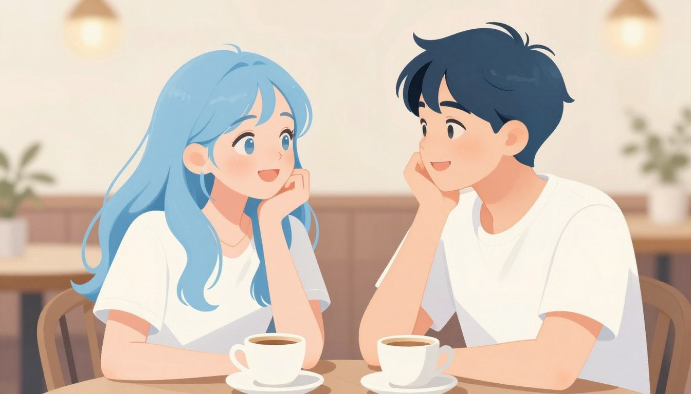 MBTI 水色タイプのカップルが幸せそうに笑顔で会話している温かい雰囲気のイラスト
