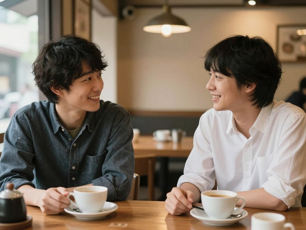 カフェで楽しそうに会話している二人 カフェで楽しそうに会話している二人