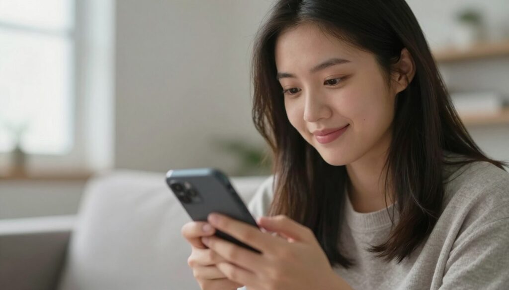 スマートフォンでメッセージを考える女性