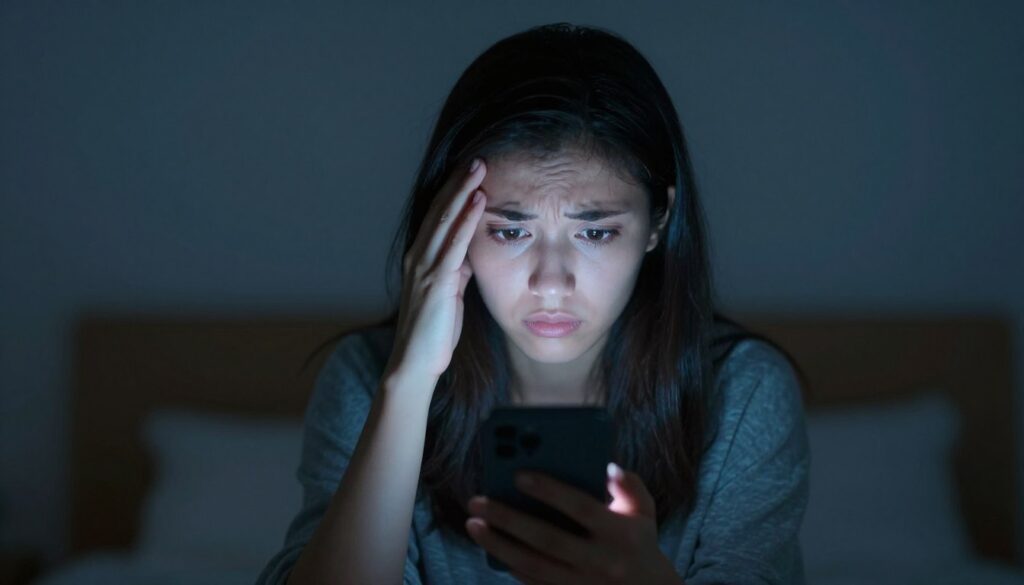 スマートフォンを見て悩む女性