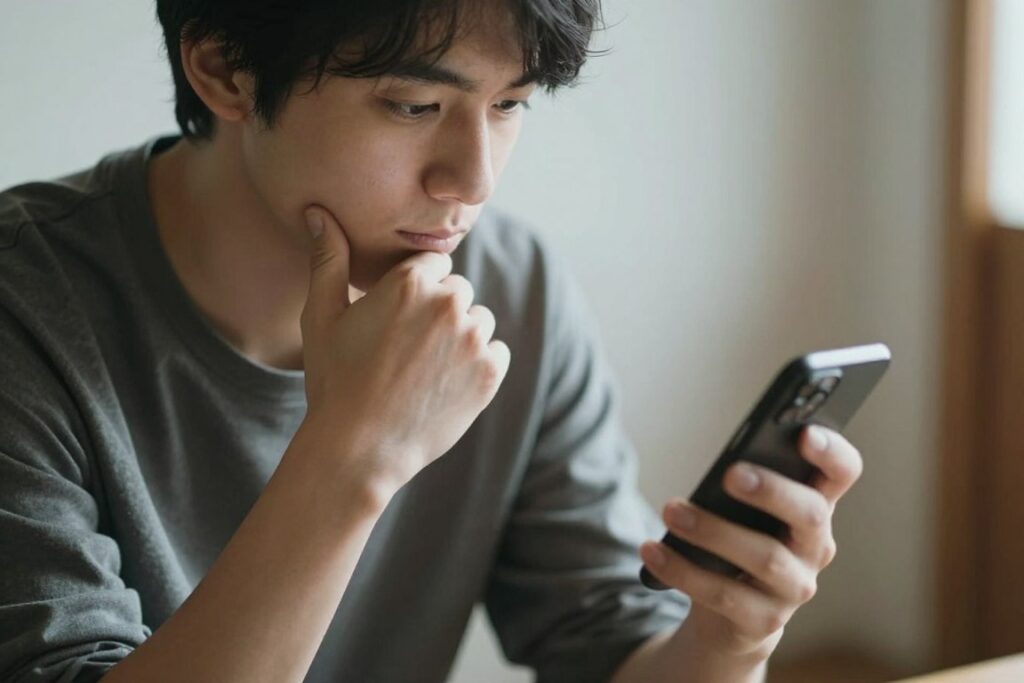 スマートフォンを見ながら慎重にメッセージを考えている人 スマートフォンを見ながら慎重にメッセージを考えている人
