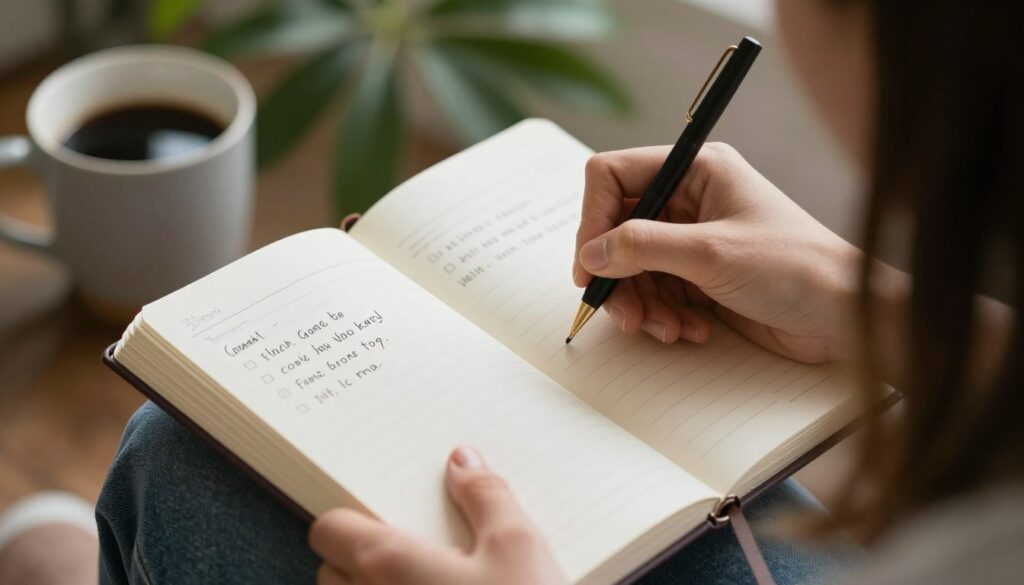 ノートに目標を書き込む女性の手元