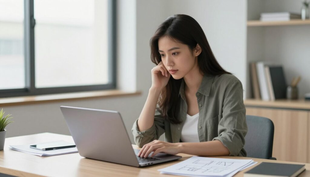 ノートパソコンで論理的に分析する女性