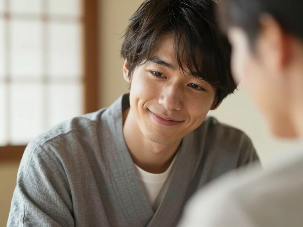 優しく微笑みながら誰かと心を通わせている温かい雰囲気の人物 優しく微笑みながら誰かと心を通わせている温かい雰囲気の人物