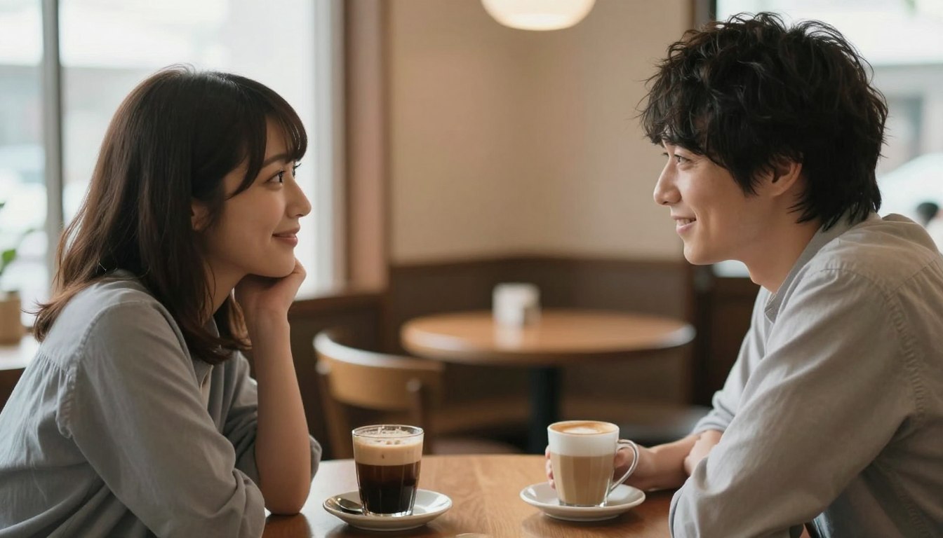 別れたカップルが向き合って話している様子、柔らかい光に包まれた希望的な雰囲気