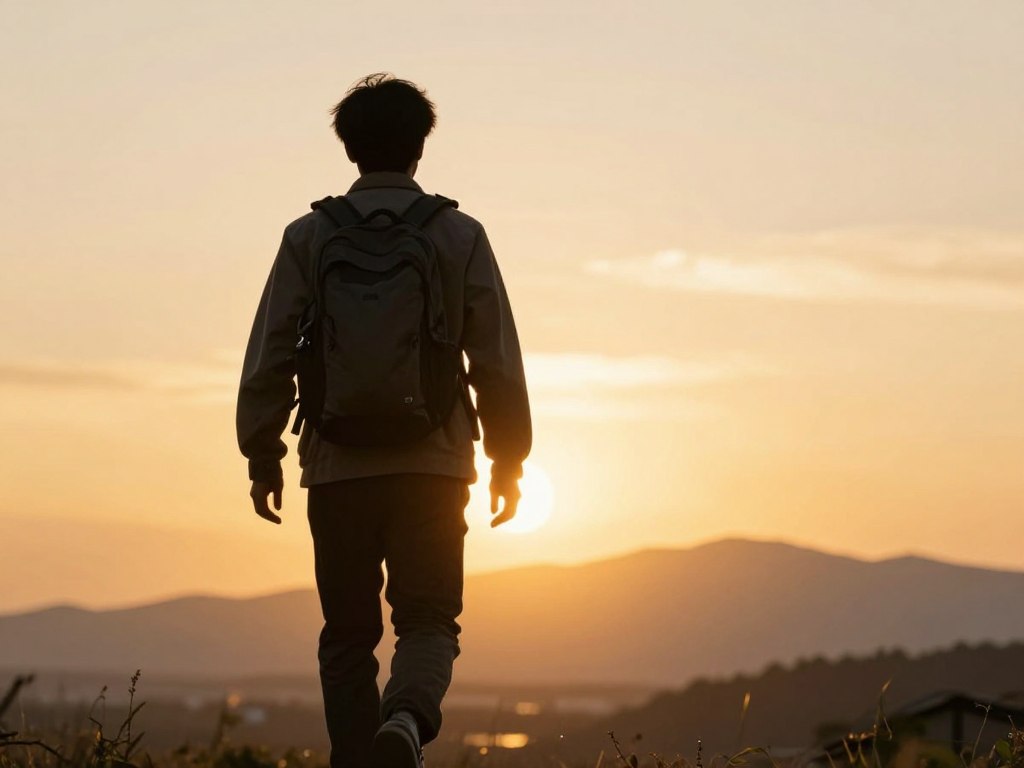 夕日を見つめながら新しい一歩を踏み出そうとする人の後ろ姿 夕日を見つめながら新しい一歩を踏み出そうとする人の後ろ姿