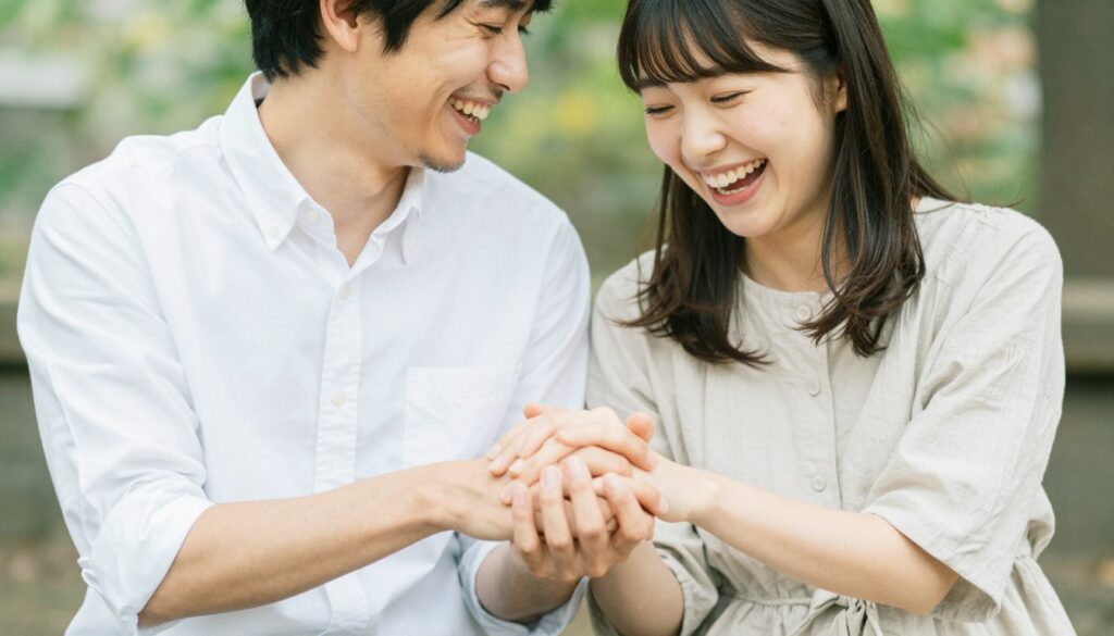幸せそうに手を繋いで笑い合うカップル 幸せそうに手を繋いで笑い合うカップル