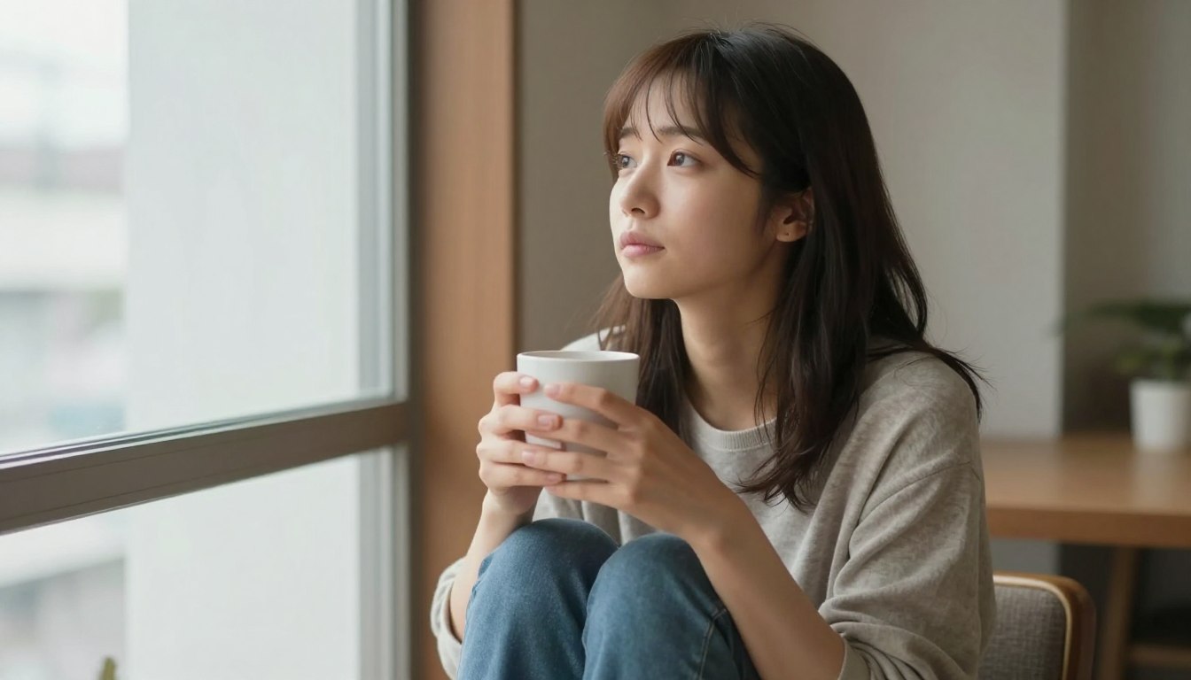 復縁を考える女性が窓辺で物思いにふける様子