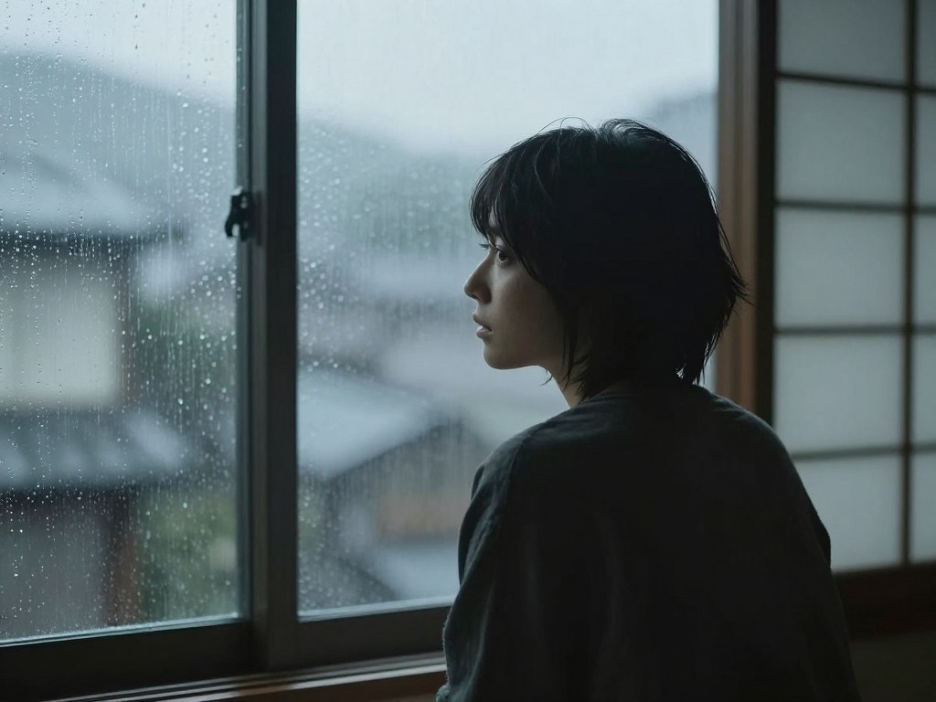 悲しそうに窓の外を見つめる人のシルエット、雨が降る窓ガラス 悲しそうに窓の外を見つめる人のシルエット、雨が降る窓ガラス
