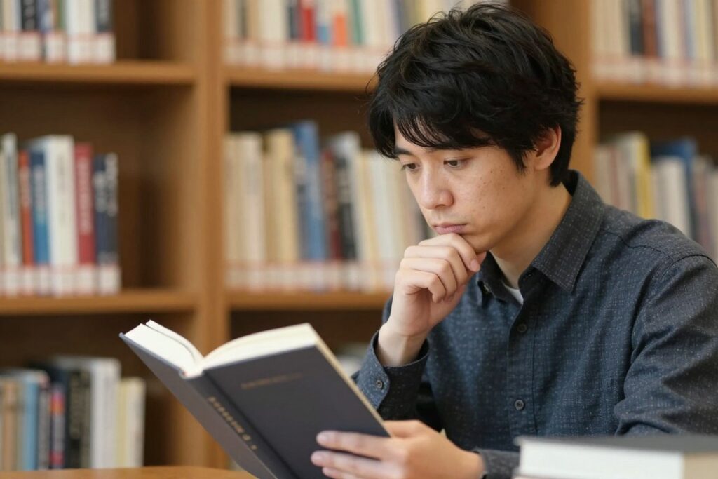 本を読みながら深く考え込んでいる知的な雰囲気の人物 本を読みながら深く考え込んでいる知的な雰囲気の人物