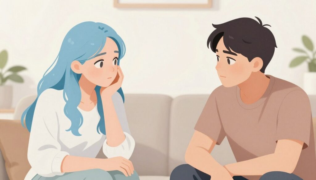 水色タイプとの喧嘩を解決している穏やかな雰囲気のカップルのイラスト