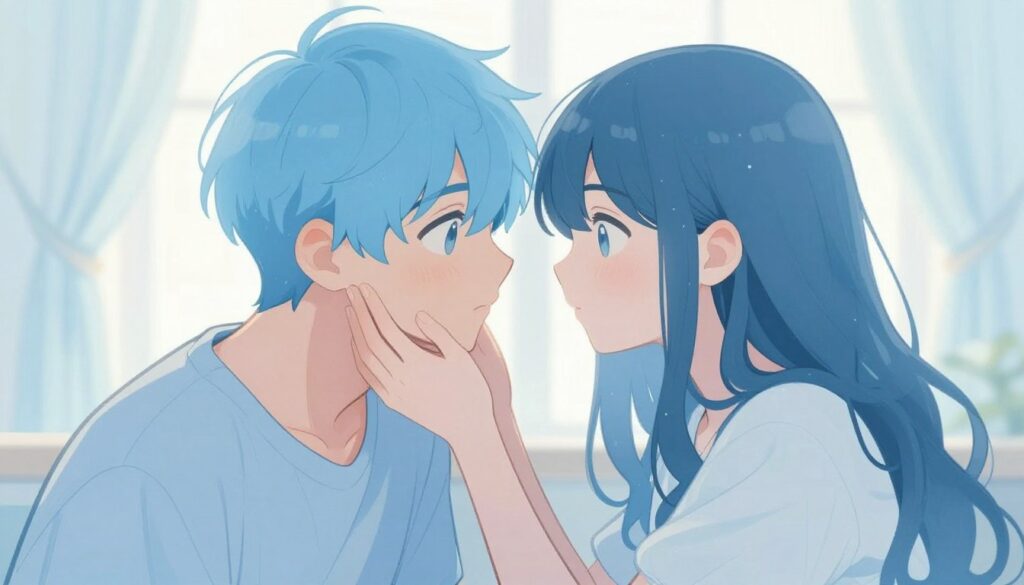水色タイプの恋愛の強みを表現した思いやりと深いつながりを感じるカップルのイラスト