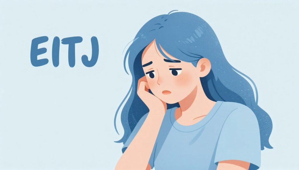 水色タイプの恋愛の課題を表現した内向的で悩んでいる様子の人物イラスト