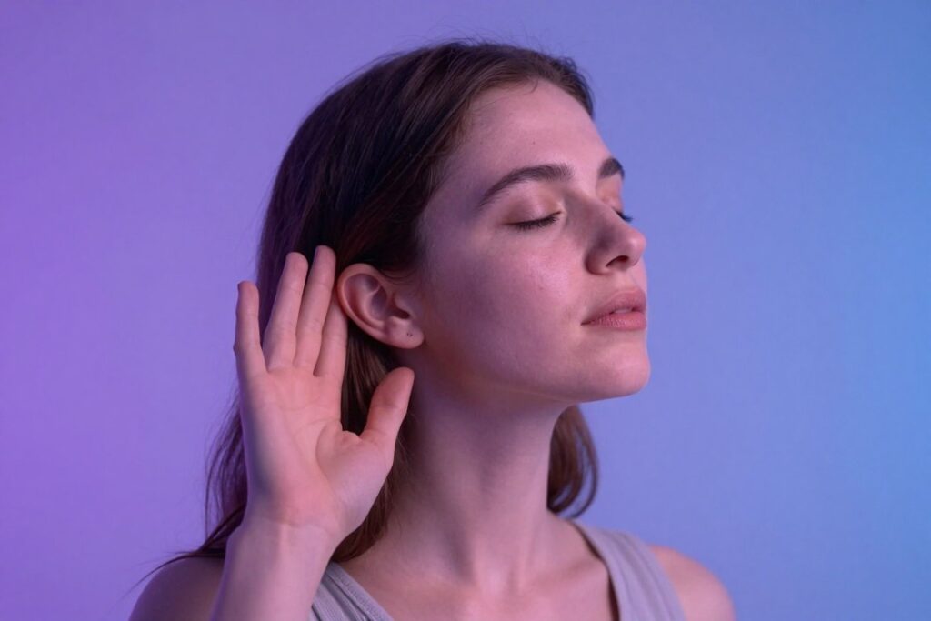 直感を表すイメージ、心の声に耳を傾ける女性