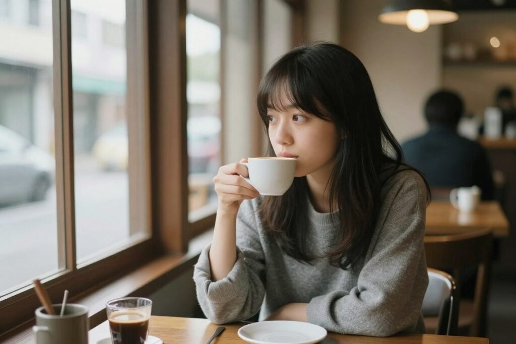 静かなカフェで一人でコーヒーを飲みながら考え事をする女性 静かなカフェで一人でコーヒーを飲みながら考え事をする女性
